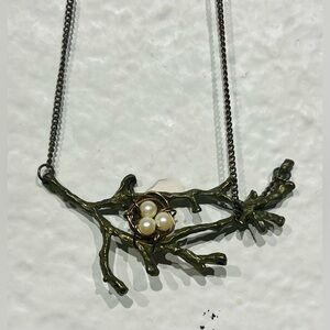 Vintage Copper-tone Necklace with Branch Pendant & Faux Pearl Accents